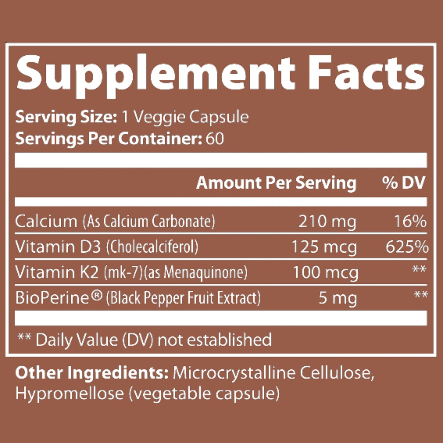 Supplement facts label with detailed nutritional information on a brown background