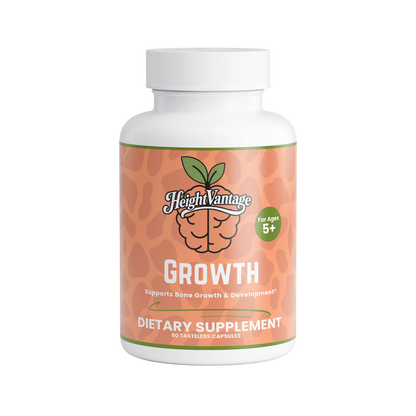 Dietary supplement bottle labeled 'Height Vantage Growth' on a white background