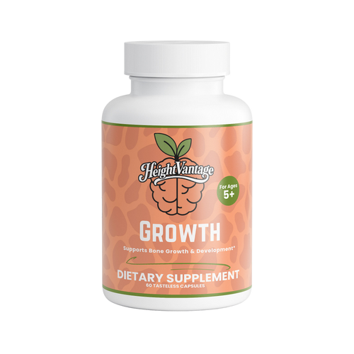 Dietary supplement bottle labeled 'Height Vantage Growth' on a white background
